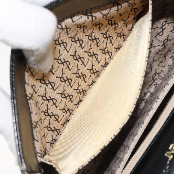 SAINT LAURENT Shoulder Bag Leather Embossed Black Gold Auth BA1084