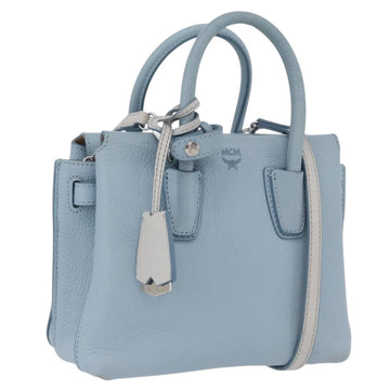 MCM Hand Bag Leather 2way Light Blue Silver Auth BA10842V