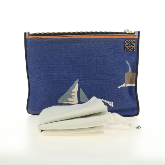LOEWE Clutch Bag Canvas Blue Gold Auth BA10855