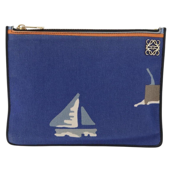 LOEWE Clutch Bag Canvas Blue Gold Auth BA10855