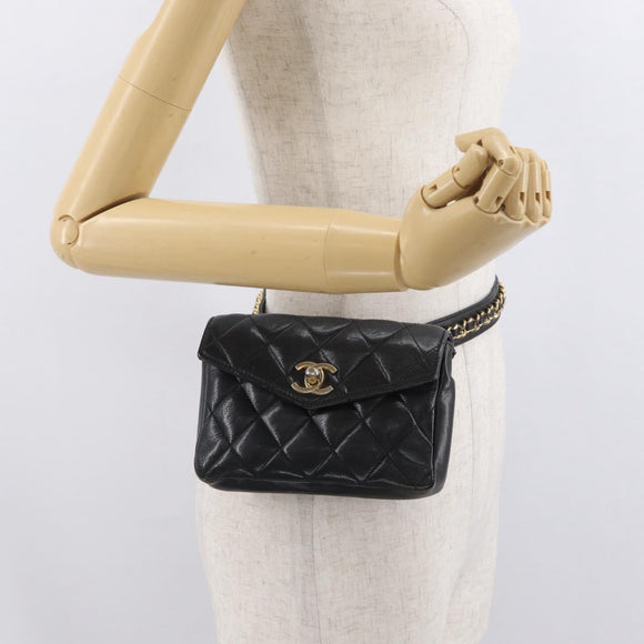 CHANEL Matelasse Waist Bag Leather Black Gold CC Auth BA10856