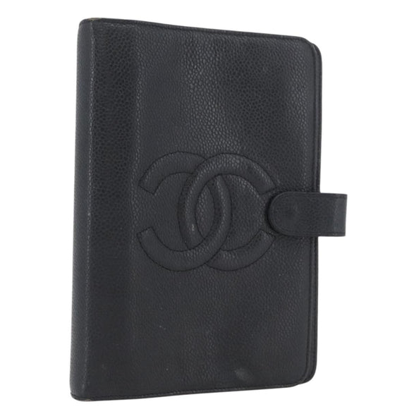 CHANEL Day Planner Cover Caviar Skin Black Gold CC Auth BA10875
