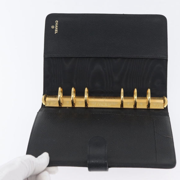 CHANEL Tagesplaner-Hülle Kaviarleder Schwarz Gold CC Auth BA10875