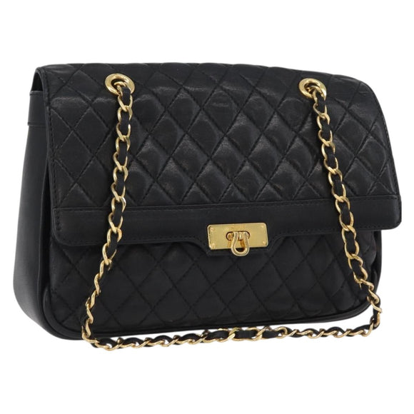 BALLY Chain Shoulder Bag Leather Black Gold Auth BA10906