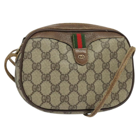 GUCCI GG Supreme Web Sherry Line Shoulder Bag PVC Leather Beige Gold Auth BA1092