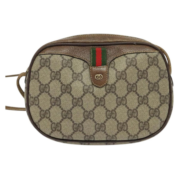 GUCCI GG Supreme Web Sherry Line Shoulder Bag PVC Leather Beige Gold Auth BA1092