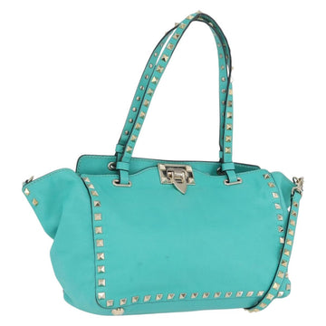 VALENTINO Rock Studs Hand Bag Leather 2way Green Gold Auth BA10926
