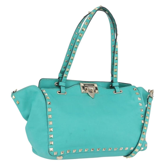 VALENTINO Rockstuds Handtasche Leder 2-Wege Grün Gold Auth BA10926