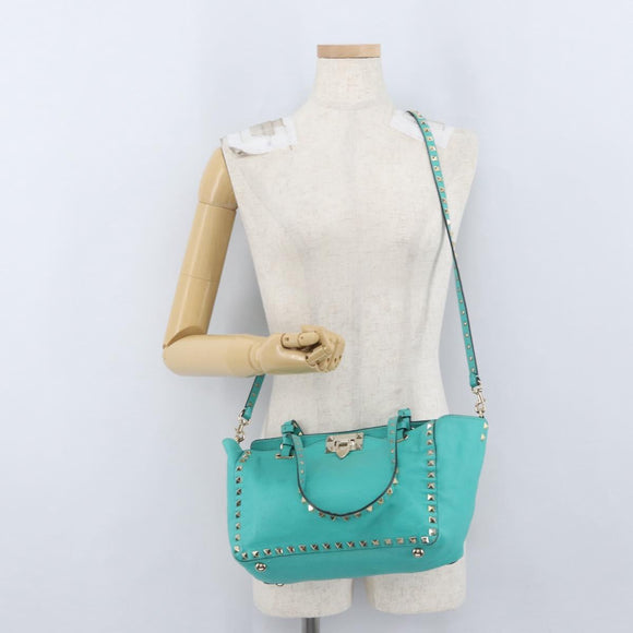 VALENTINO Rockstuds Handtasche Leder 2-Wege Grün Gold Auth BA10926