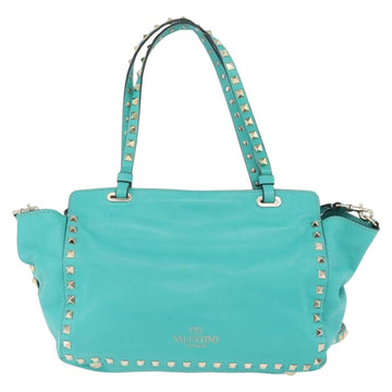 VALENTINO Rock Studs Hand Bag Leather 2way Green Gold Auth BA10926 - 0