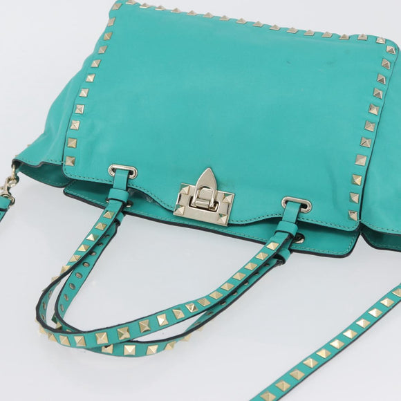 VALENTINO Rockstuds Handtasche Leder 2-Wege Grün Gold Auth BA10926