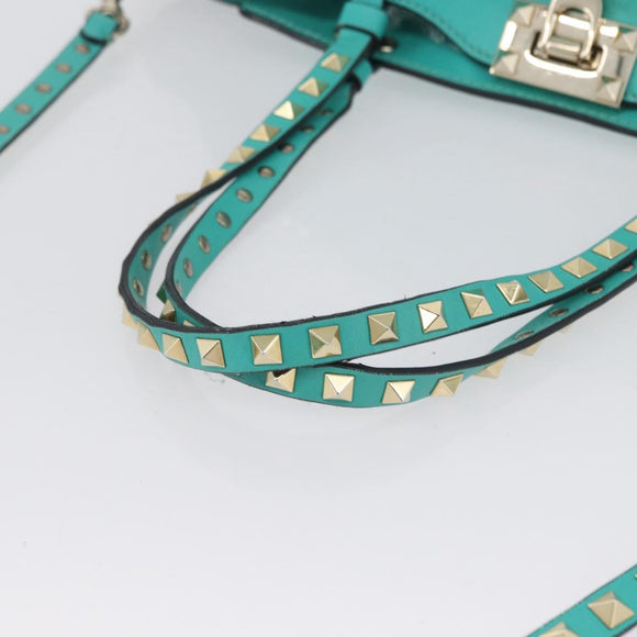 VALENTINO Rockstuds Handtasche Leder 2-Wege Grün Gold Auth BA10926