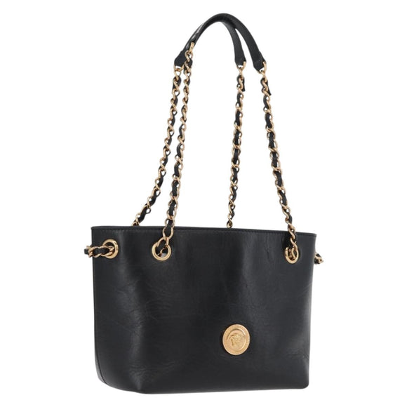 BOTTEGA VENETA Chain Tote Bag Leather Black Gold Auth BA10943