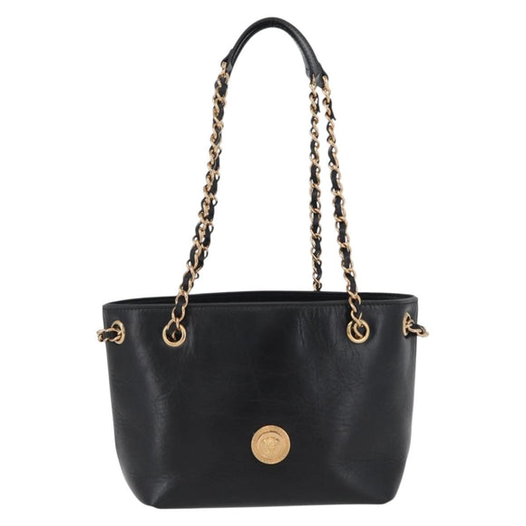 BOTTEGA VENETA Chain Tote Bag Leather Black Gold Auth BA10943