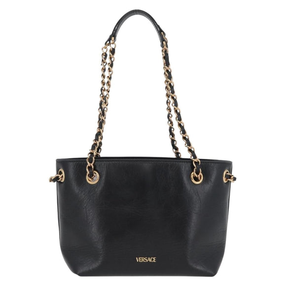 BOTTEGA VENETA Chain Tote Bag Leather Black Gold Auth BA10943