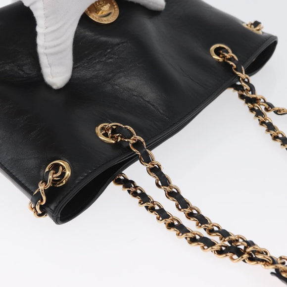 BOTTEGA VENETA Chain Tote Bag Leather Black Gold Auth BA10943
