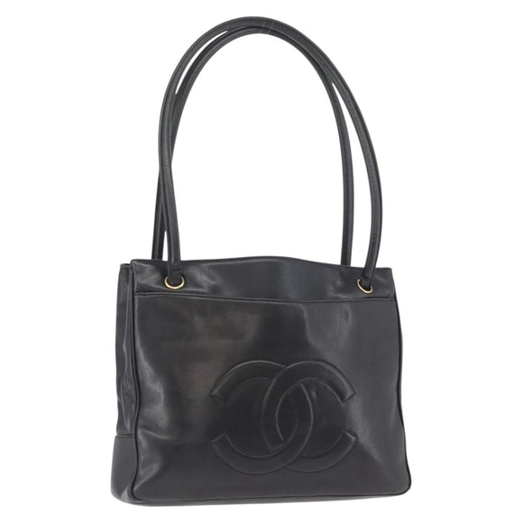 CHANEL Tote Bag Leather Black Gold CC Auth BA10944