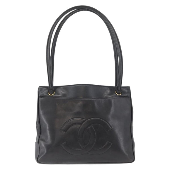 CHANEL Tote Bag Leather Black Gold CC Auth BA10944