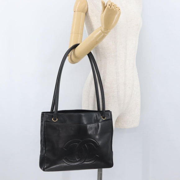 CHANEL Tote Bag Leather Black Gold CC Auth BA10944