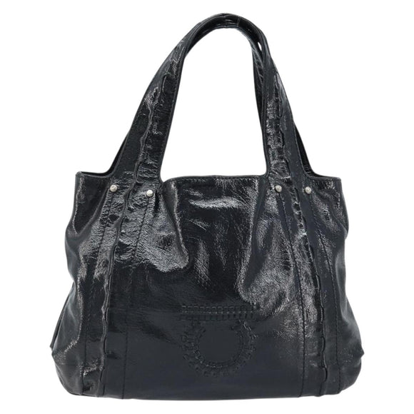 Salvatore Ferragamo Gancini Hand Bag Leather Black Silver Auth BA10955