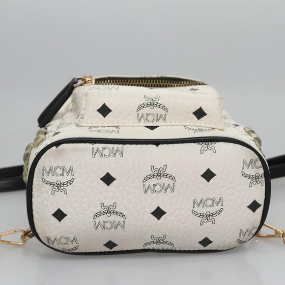 MCM Vicetos Logogram Backpack PVC Leather White Navy gold Auth BA110