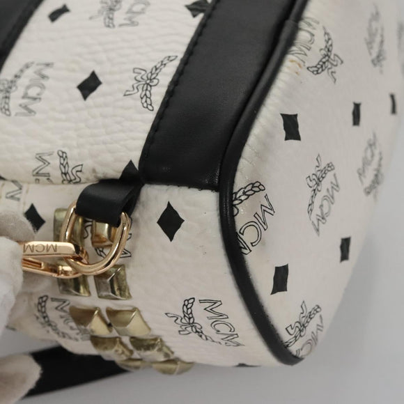 MCM Vicetos Logogram Backpack PVC Leather White Navy gold Auth BA110