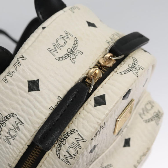 MCM Vicetos Logogram Backpack PVC Leather White Navy gold Auth BA110