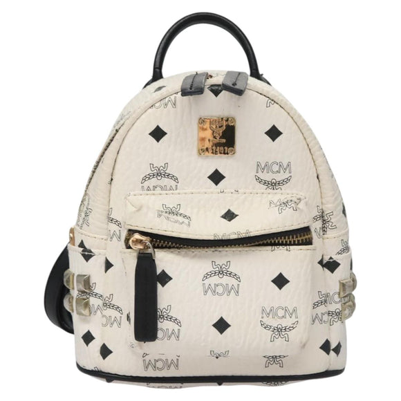 MCM Vicetos Logogram Backpack PVC Leather White Navy gold Auth BA110