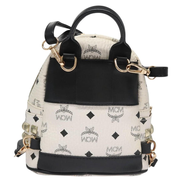 MCM Vicetos Logogram Backpack PVC Leather White Navy gold Auth BA110