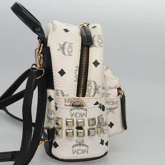 MCM Vicetos Logogram Backpack PVC Leather White Navy gold Auth BA110