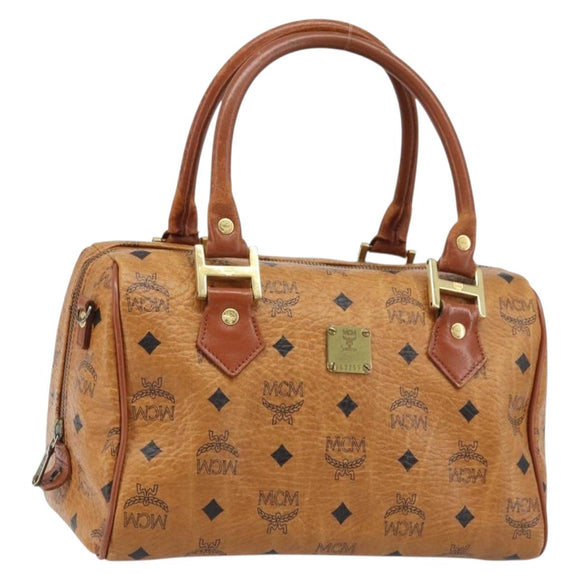 MCM Vicetos Logogram Boston Bag PVC Leather Brown Gold Auth BA11007