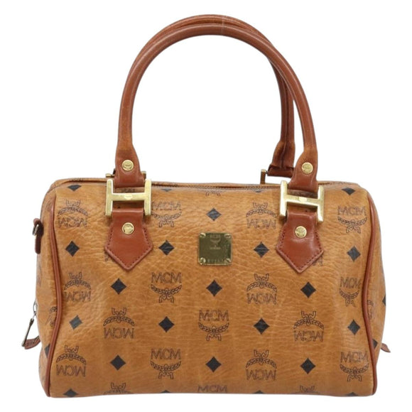 MCM Vicetos Logogram Boston Bag PVC Leather Brown Gold Auth BA11007
