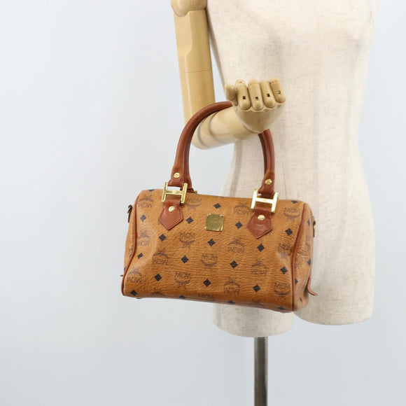 MCM Vicetos Logogram Boston Bag PVC Leather Brown Gold Auth BA11007