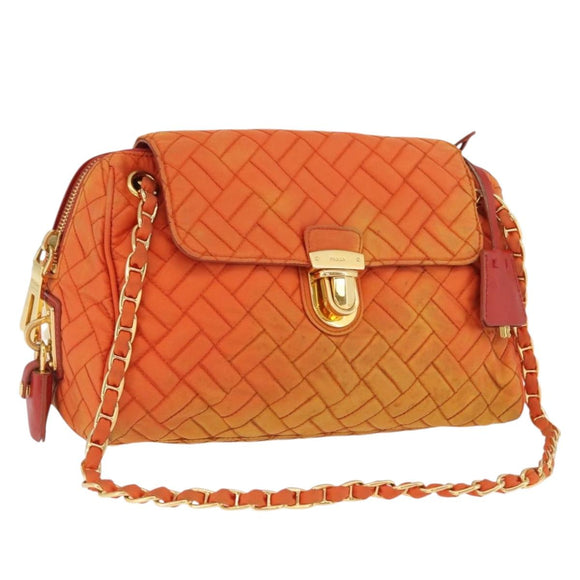 PRADA Quilted Chain Shoulder Bag Nylon Orange Gold Auth BA11028