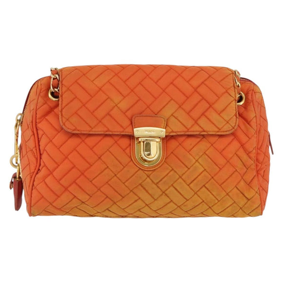 PRADA Quilted Chain Shoulder Bag Nylon Orange Gold Auth BA11028