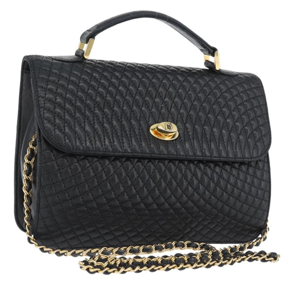 BALLY Quilted Chain Shoulder Bag Leather 2way Black Gold Auth BA11038