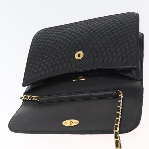 BALLY Quilted Chain Shoulder Bag Leather 2way Black Gold Auth BA11038