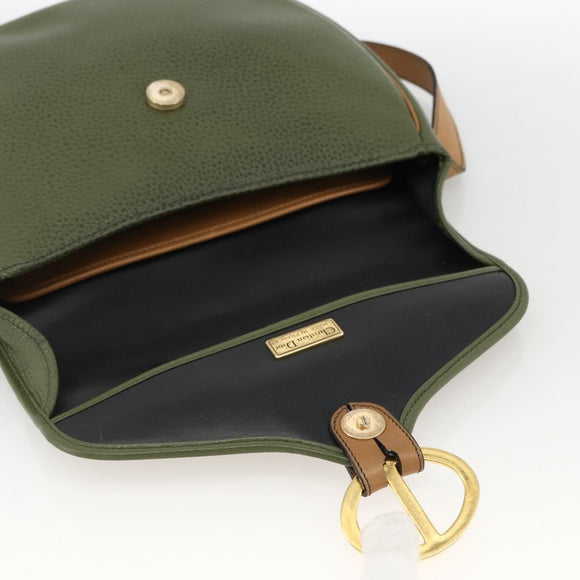 Christian Dior Shoulder Bag Leather Khaki Gold Auth BA11048
