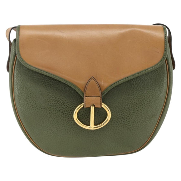 Christian Dior Shoulder Bag Leather Khaki Gold Auth BA11048