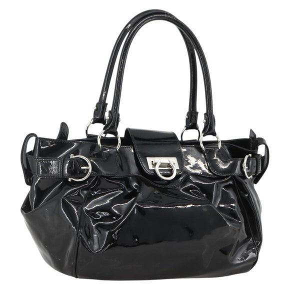 Salvatore Ferragamo Gancini Hand Bag Patent leather Black Silver Auth BA11053