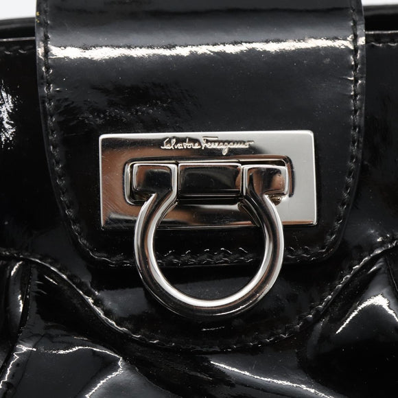 Salvatore Ferragamo Gancini Hand Bag Patent leather Black Silver Auth BA11053