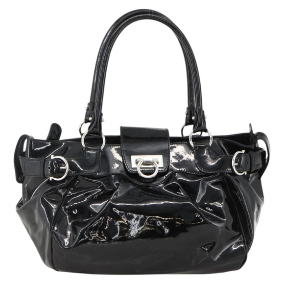 Salvatore Ferragamo Gancini Hand Bag Patent leather Black Silver Auth BA11053