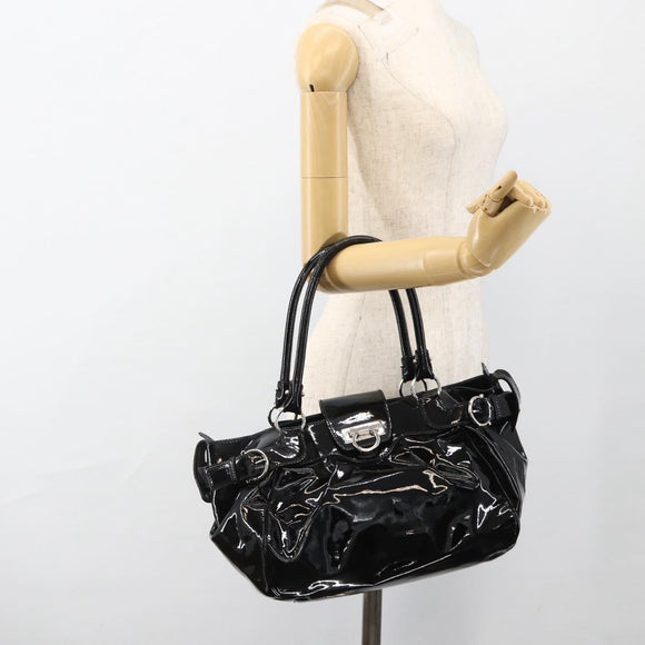 Salvatore Ferragamo Gancini Hand Bag Patent leather Black Silver Auth BA11053