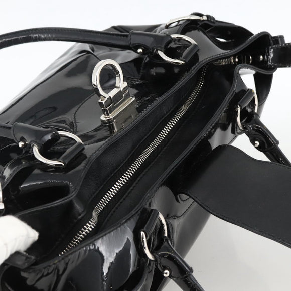 Salvatore Ferragamo Gancini Hand Bag Patent leather Black Silver Auth BA11053