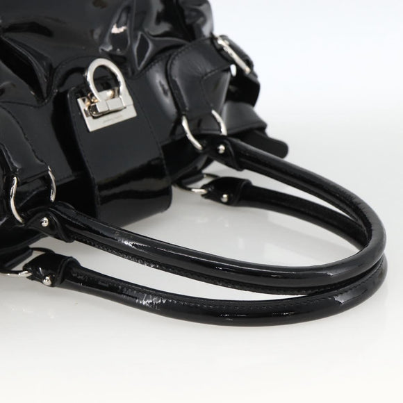 Salvatore Ferragamo Gancini Hand Bag Patent leather Black Silver Auth BA11053