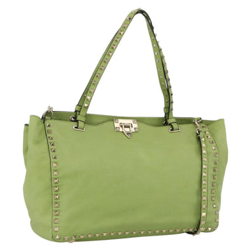 VALENTINO Rock Studs Tote Bag Leather Gold Light green Auth BA11057