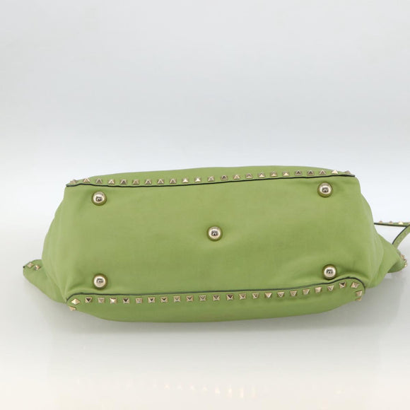 VALENTINO Rock Studs Tote Bag Leather Gold Light green Auth BA11057
