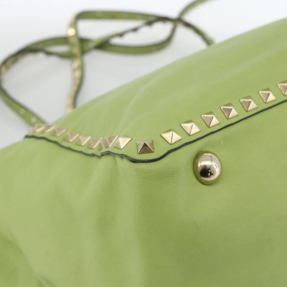 VALENTINO Rock Studs Tote Bag Leather Gold Light green Auth BA11057