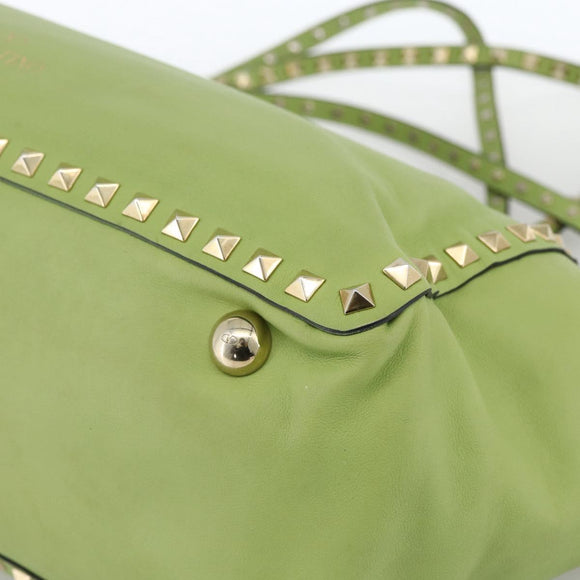 VALENTINO Rock Studs Tote Bag Leather Gold Light green Auth BA11057