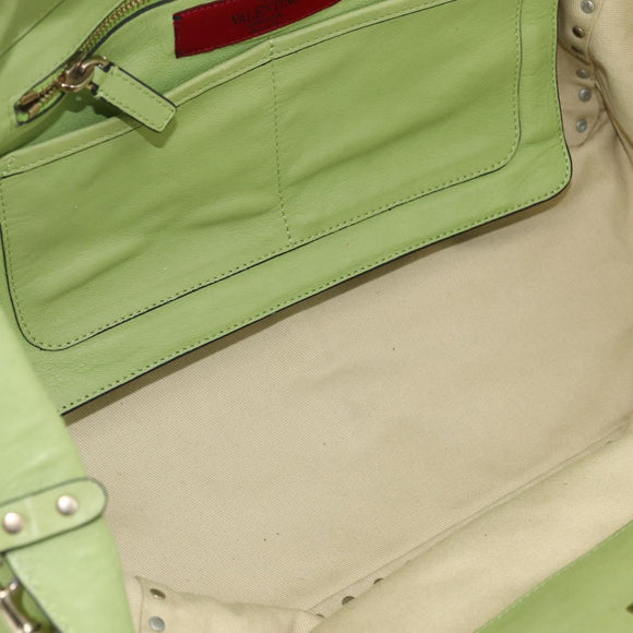VALENTINO Rock Studs Tote Bag Leather Gold Light green Auth BA11057